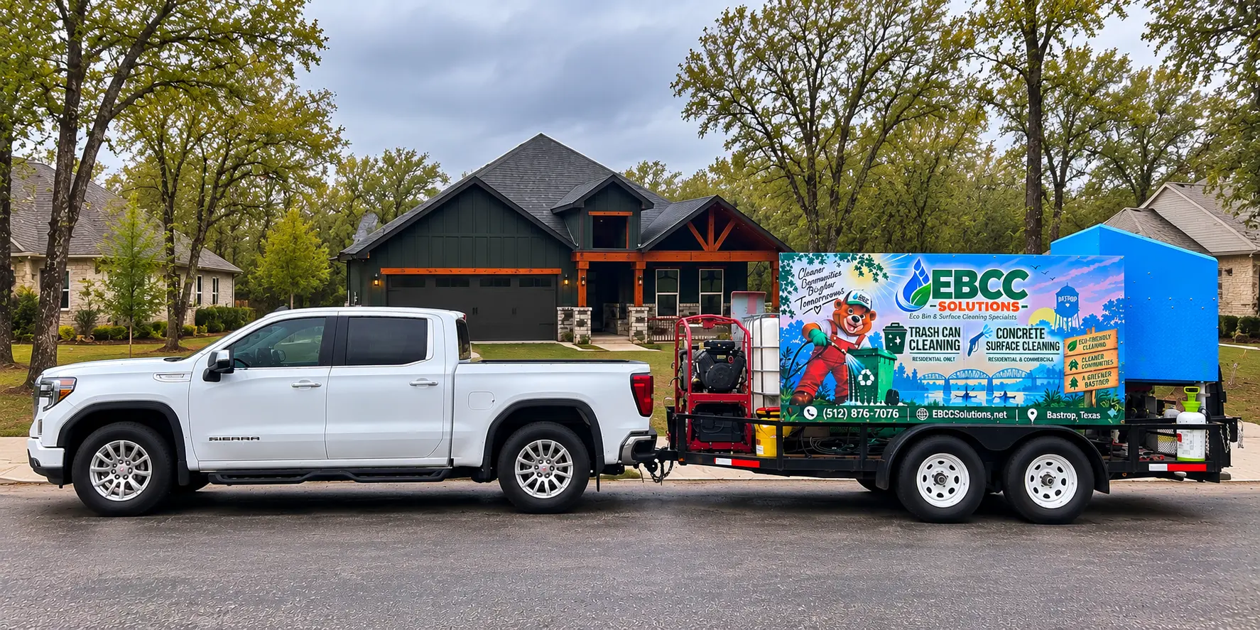 EBCC Solutions truck and branded cleaning trailer parked in a Bastrop residential neighborhood
